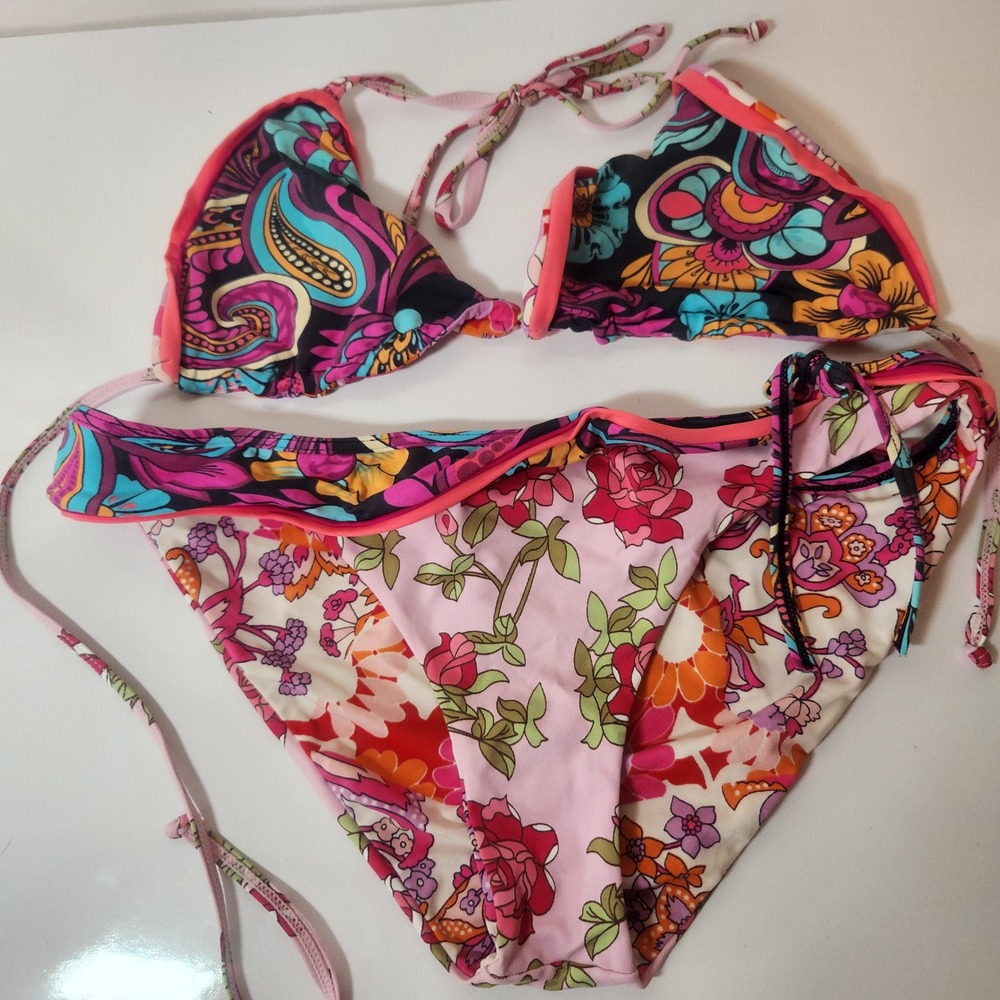 Boho Floral Paisley Triangle Bikini Set Multi-Color Ruffle Trim Two Piece Swim